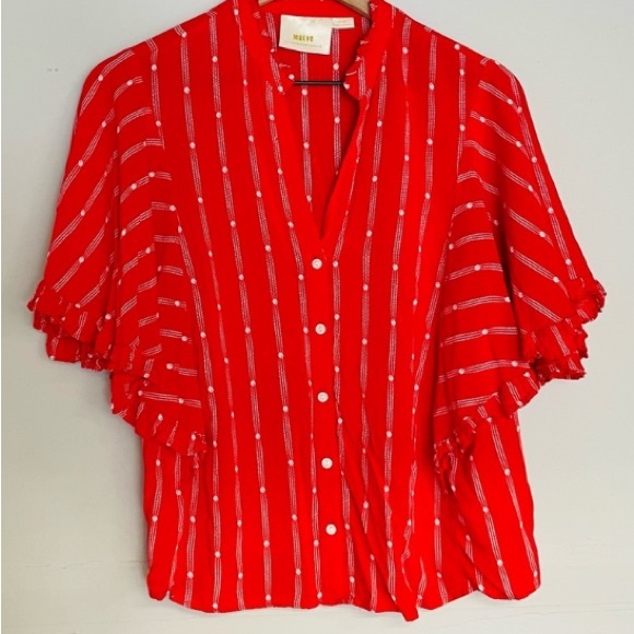 Anthropologie Maeve Aveiro Flutter Sleeve Red Motif Button Down Blouse - Picture 2 of 2